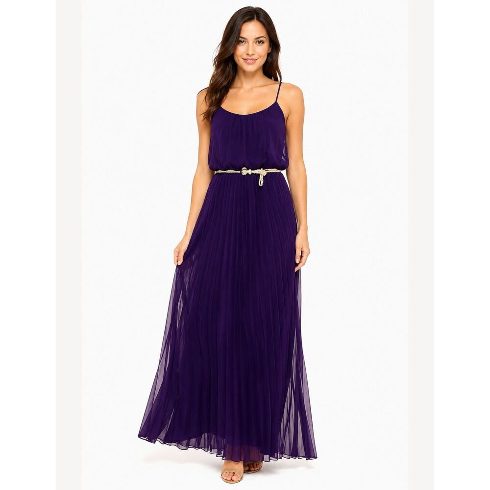 Bisou Bisou Purple Pleated Maxi Dress Silver Braided Belt Size 4 Formal